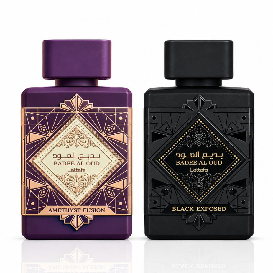 Bade'e Al Oud Amethyst Fusion & Black Exposed Eau de Parfum Sprays 100ml (3.4 oz) by Lattafa (Bundle)