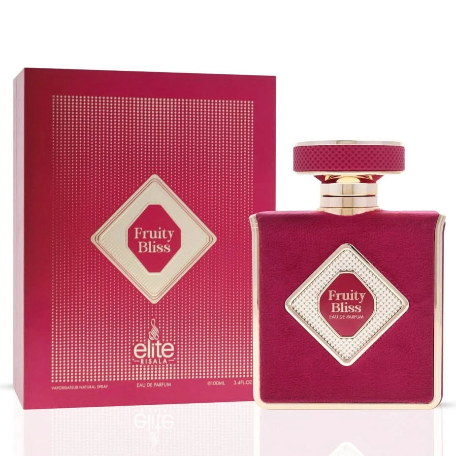 Fruity Bliss Eau de Parfum spray by Elite Risala, 100ml bottle with a sleek design and colorful fruit-themed label.