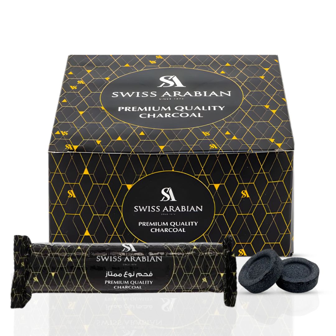 Premium Swiss Arabian charcoal tablets in a container, showing 80 high-quality charcoal tablets for aromatic burning and fragrance.