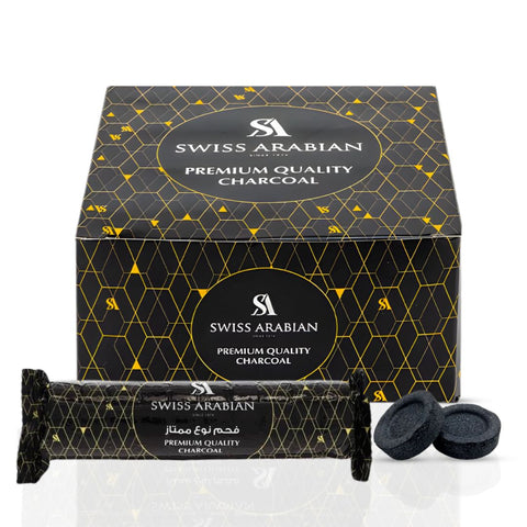 Premium Swiss Arabian charcoal tablets in a container, showing 80 high-quality charcoal tablets for aromatic burning and fragrance.