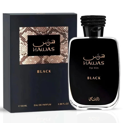 Hawas Black Eau de Parfum Spray by Rasasi, 100ml, featuring a sleek black bottle with elegant design and fragrance details.