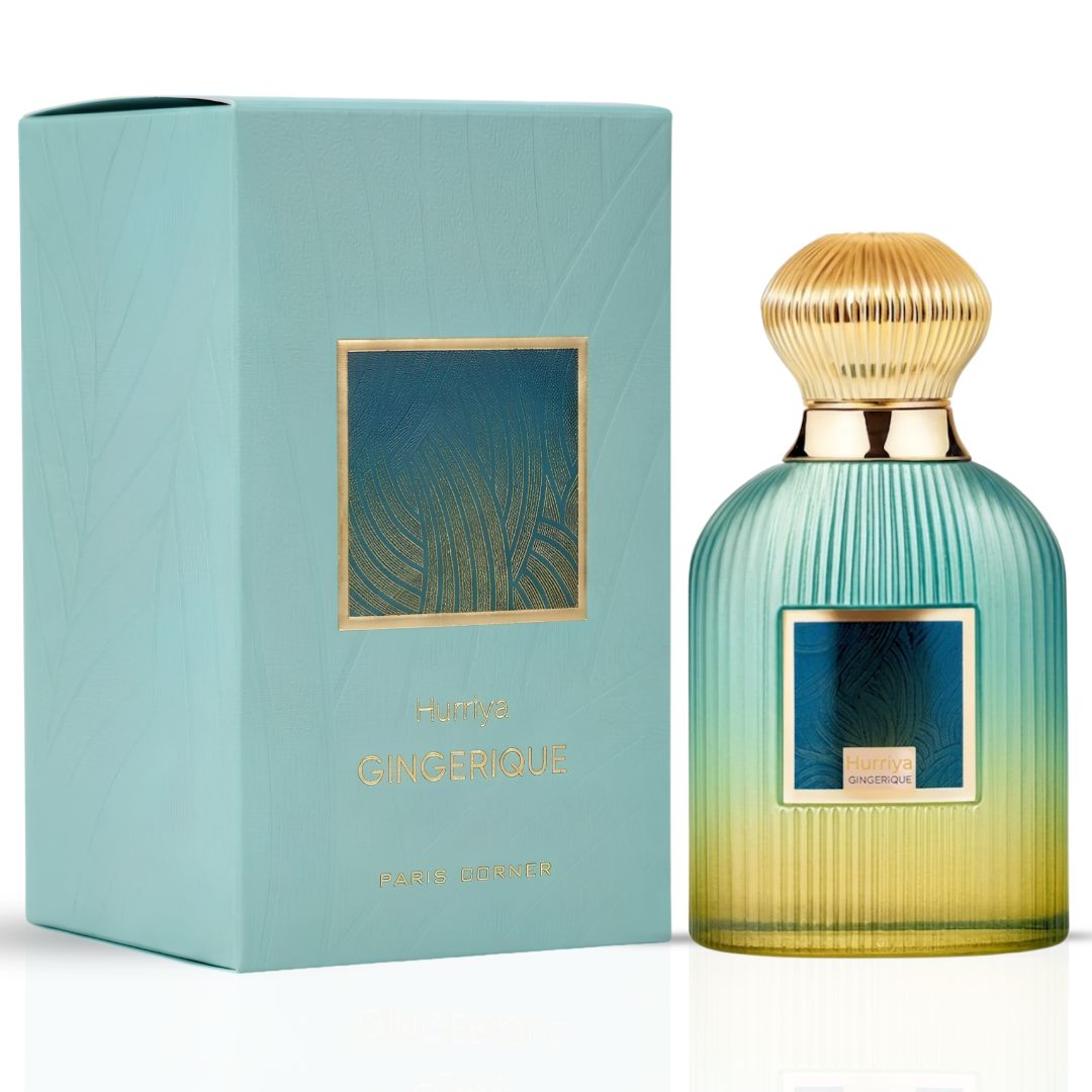 Hurriya Gingerique Eau de Parfum spray by Paris Corner, 100ml bottle with floral and spicy fragrance, elegant perfume packaging