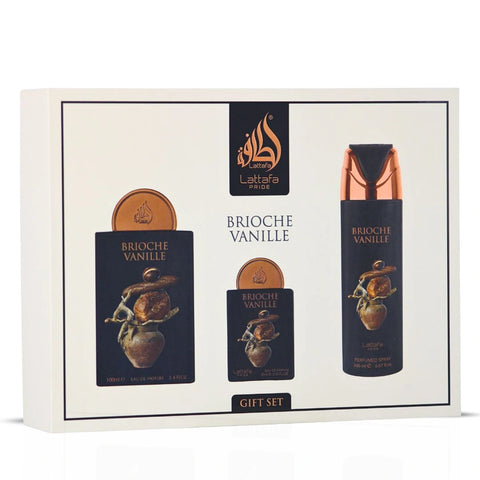 Lattafa Pride Brioche Vanille 3-Piece Eau de Parfum Gift Set | Gourmand Warmth With A Floral-Wooded Twist (Gift Set) - Intense Oud