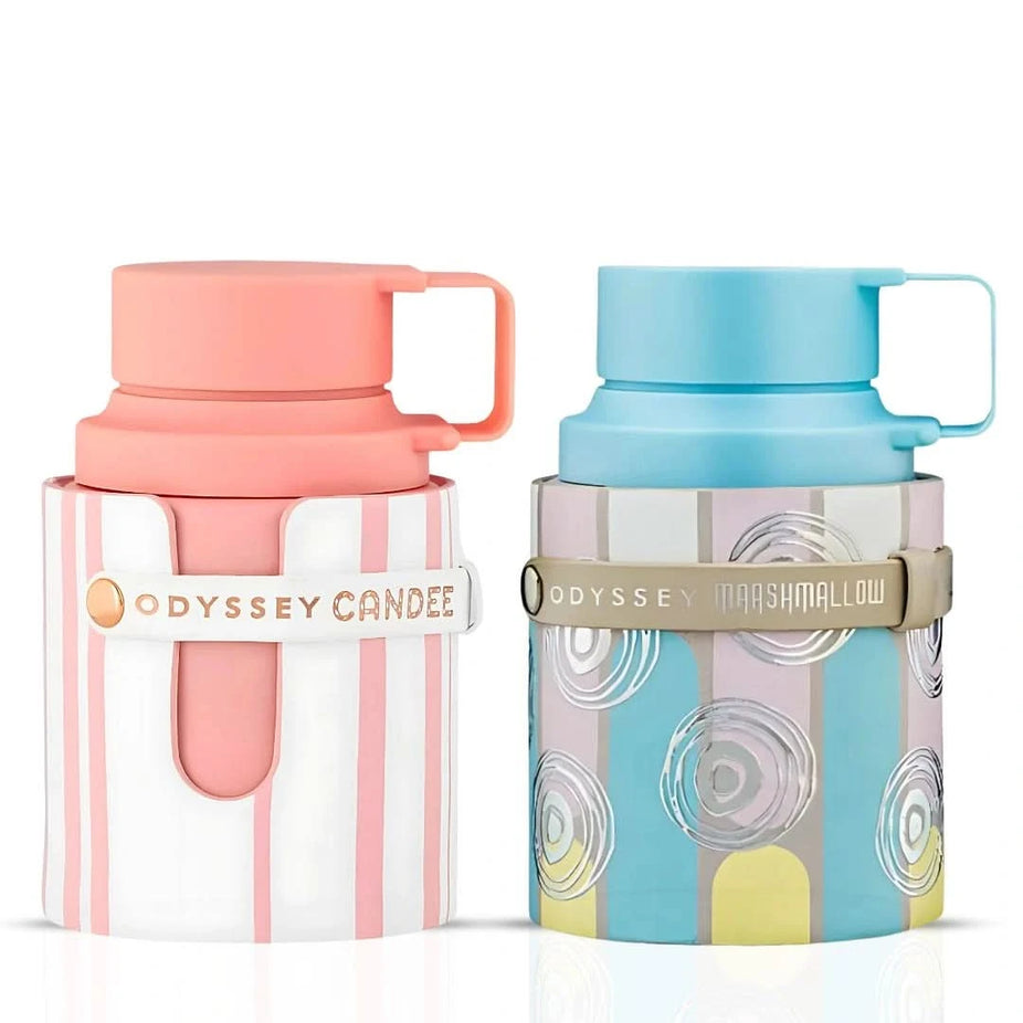 Armaf Odyssey Candee and Marshmallow Eau de Parfum sprays in a 100ml bundle, featuring elegant perfume bottles with floral and sweet scent details.