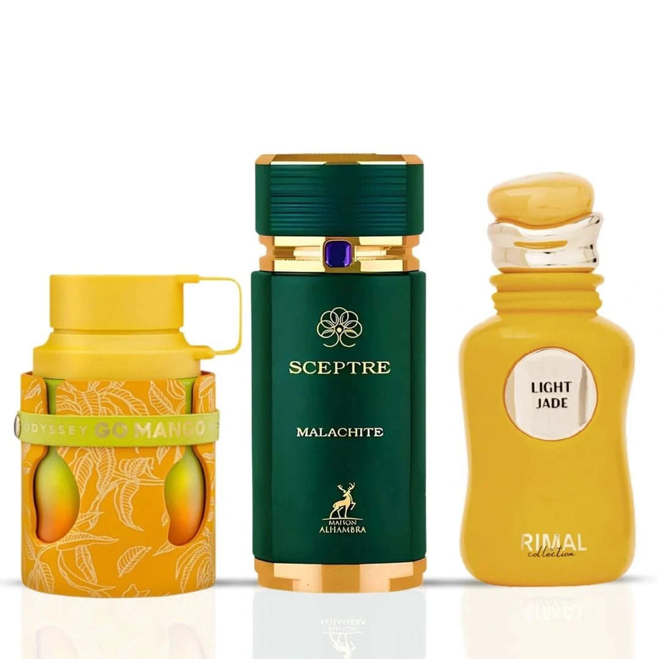 Odyssey Go Mango, Sceptre Malachite, and Light Jade eau de parfum sprays in 100ml bundle by Armaf, featuring colorful fragrance bottles.