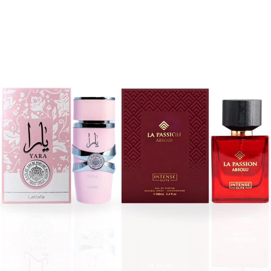 Bundle of Yara by Lattafa and La Passion Absolu by Intense Elite Eau de Parfum sprays, showcasing elegant 100ml bottles.