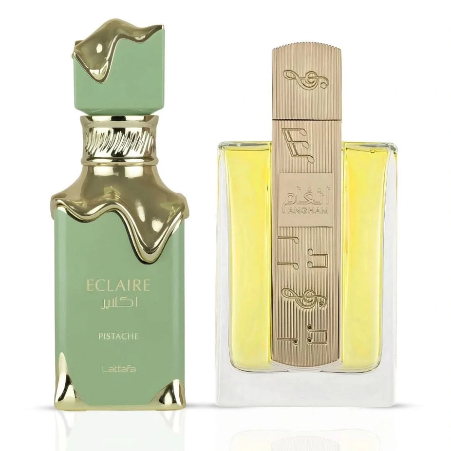 Lattafa Eclaire Pistache & Angham Eau de Parfum bundle with two 100ml spray bottles, elegant packaging and branding visible.