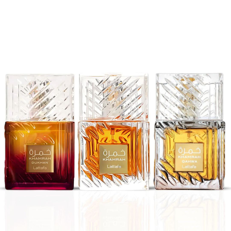 Lattafa Khamrah Eau de Parfum spray bottles from the Khamrah collection, featuring elegant packaging and fragrance bottles.
