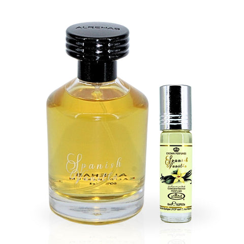 Spanish Vanilla EDP Spray 100ML (3.4 OZ) & Spanish Vanilla Perfume Oil CPO 6ML (0.2 OZ) By Al Rehab | A Luxurious Soft, Sweet Vanilla Fragrance. (DELUXE BUNDLE) - Intense Oud