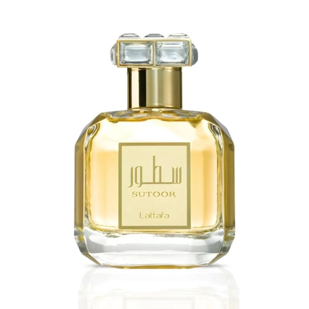Lattafa Sutoor Eau de Parfum spray 100ml with elegant velvet pouch, showcasing the fragrance bottle and packaging.