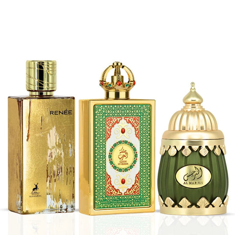 Niche Emarati Al Narjis & Queen of Arabia by Lattafa, Renee Carmine by Maison Alhambra - Eau de Parfum Sprays 100ml | Citrusy, Sweet, Floral & Fruity (Golden Bundle) - Intense Oud