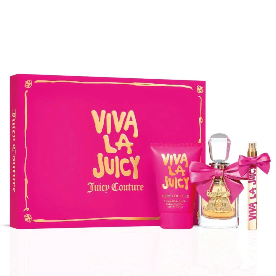 Viva La Juicy gift set by Juicy Couture including 1.7 oz and 0.33 oz Eau de Parfum bottles and 4.2 oz body souffle.