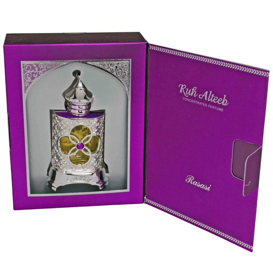 Ruh Al Teeb concentrated perfume oil by Rasasi in a 15ml bottle, featuring a sleek design and elegant packaging.