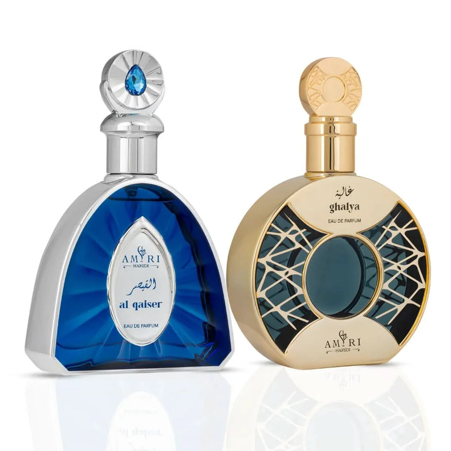 Hamidi Al Qaiser Amiri and Ghalya Amiri Eau de Parfum bundle, 100ml bottles, elegant perfume sprays with decorative caps.