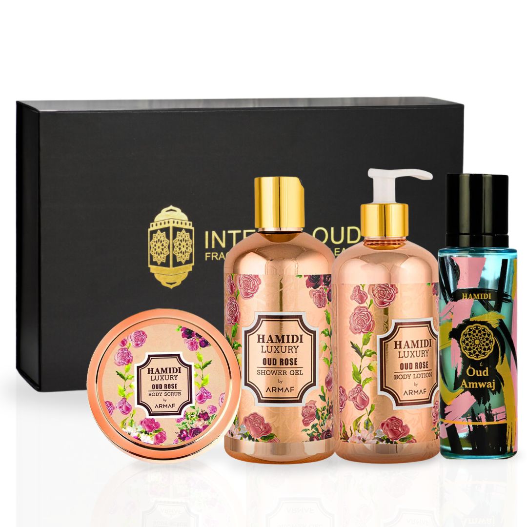 4PCS LUXURY OUD ROSE & Oud Amwaj - Bath & Body Gift Set Magnetic Box By Hamidi | Ultra Moisturizing, Skin-Nourishing, Naturally Derived Ingredients. (Pack Of 4) - Intense Oud
