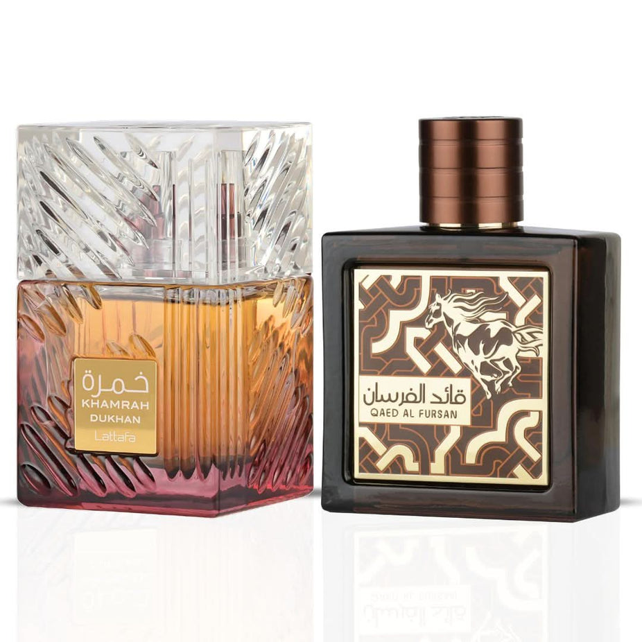 Lattafa Khamrah Dukhan 100ml and Qaed Al Fursan Untamed 90ml Eau de Parfum sprays in a bundle, featuring decorative bottles.