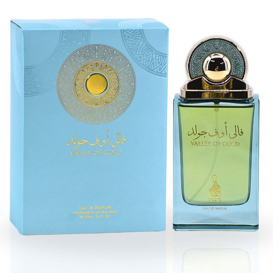 Valley of Gold Eau de Parfum Spray by RISALA, 100ml, featuring an elegant perfume bottle with gold accents and floral design.