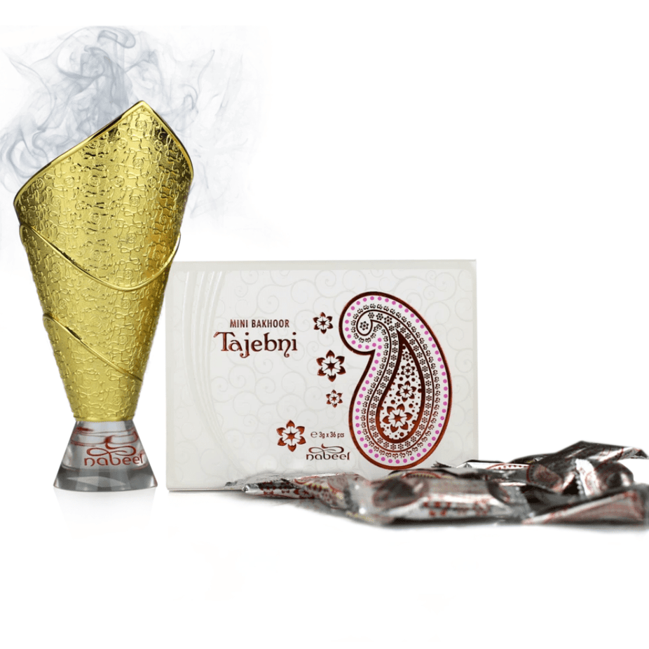 Nabeel Perfumes Tajebni Mini Bakhoor set with three 36g packs of fragrant bakhoor for home or personal use.