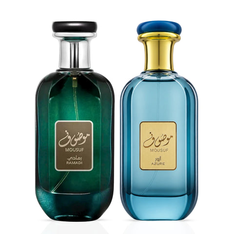 Pair of Ard Al Zaafaran Mousuf Azure and Mousuf Ramadi Eau de Parfum sprays in 100ml bundle, featuring elegant perfume bottles.