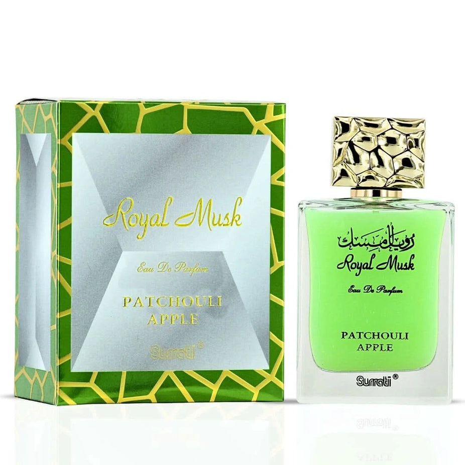 Surrati Royal Musk Patchouli Apple Eau de Parfum spray bottle, 100ml, with elegant packaging and a sleek design.