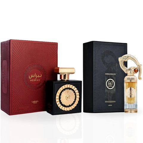 Lattafa Nebras & Sehr Eau de Parfum spray bundle, 100ml each, featuring elegant glass bottles with sleek designs.