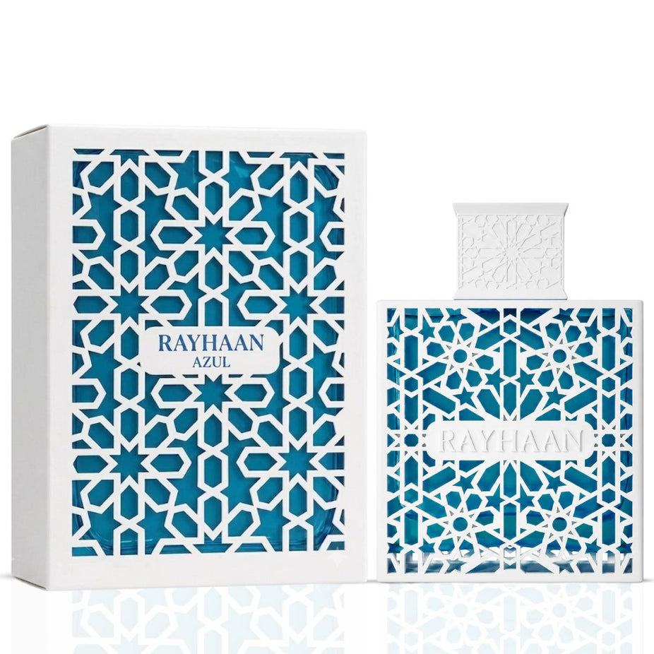 Rayhaan Azul Eau de Parfum Spray 100ml bottle with a sleek design, showcasing the Rayhaan brand and blue-tinted glass.