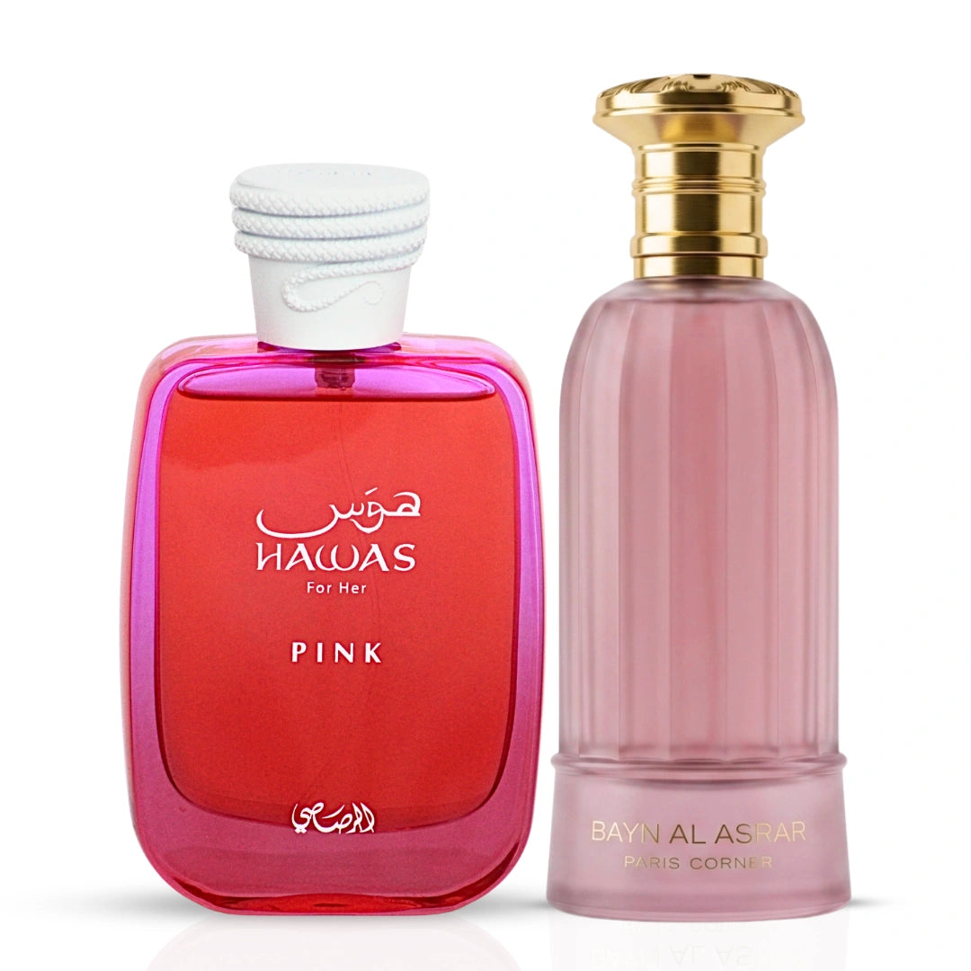 Intense Oud bundle with Hawas Pink for Her Eau de Parfum 100ml and Bayn Al Asrar Eau de Parfum 80ml bottles.