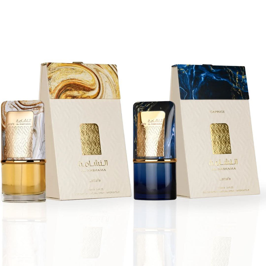 Lattafa Al Nashama & Caprice Eau de Parfum spray bundle, 100ml each, featuring elegant bottles with floral and fruity designs.