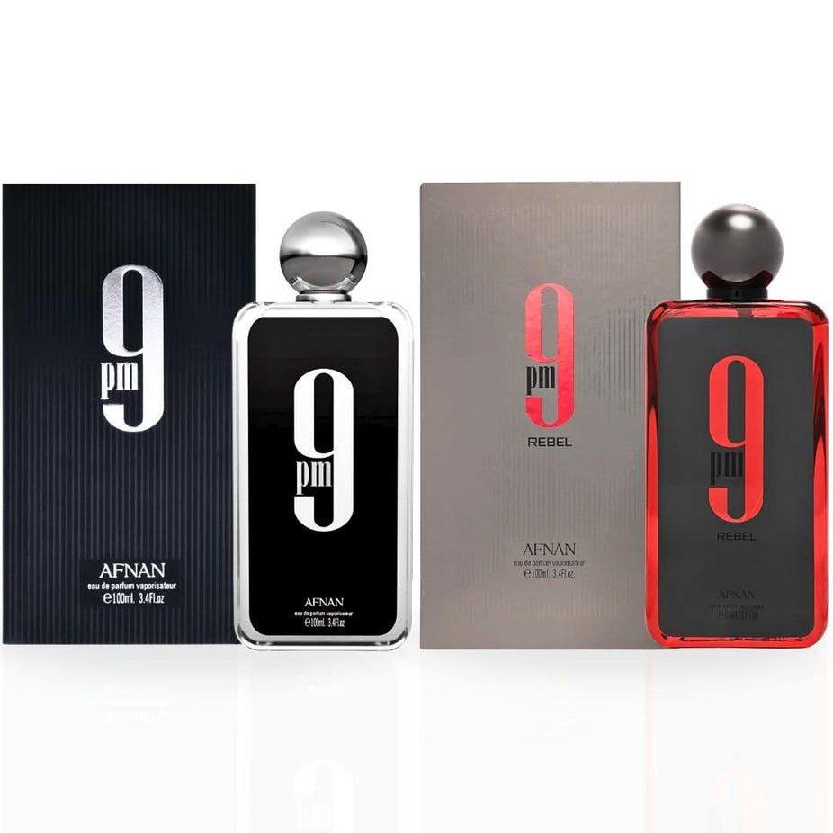 A bundle of two Afnan 9PM & 9PM Rebel Eau de Parfum sprays in 100ml bottles, showcasing the perfume bottles side by side.