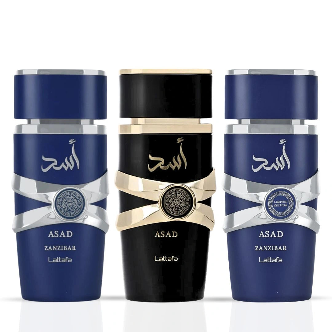 Asad, Asad Zanzibar & Asad Zanzibar Limited Edition Eau de Parfum Sprays 100ml (3.4oz) by Lattafa | Bold Sophistication Meets Exotic Adventure (Bundle) - Intense Oud