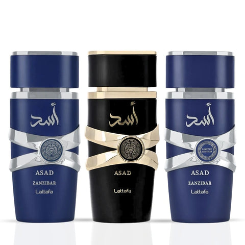 Asad, Asad Zanzibar & Asad Zanzibar Limited Edition Eau de Parfum Sprays 100ml (3.4oz) by Lattafa | Bold Sophistication Meets Exotic Adventure (Bundle) - Intense Oud