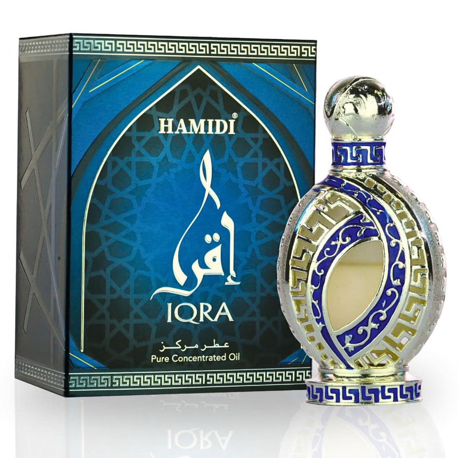 Hamidi IQRA Perfume Oil CPO 18ML bottle with vibrant fragrance, featuring a sleek glass container and a decorative cap.