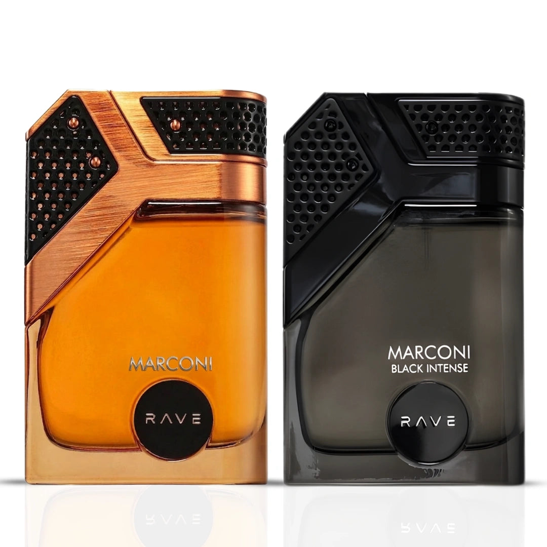 RAVE Marconi & Marconi Black Intense Eau de Parfum spray bundle, 100ml bottles, featuring sleek black bottles with elegant labels.