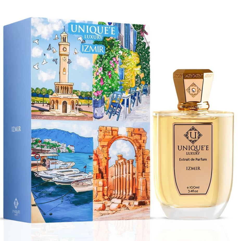 Izmir Extrait de Parfum Spray by Unique'e Luxury, 100ml EDP bottle with elegant design and cap on a neutral background.