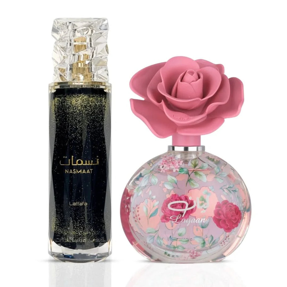 Lattafa Nasmaat 100ml and Layaan 75ml Eau de Parfum sprays bundle, featuring elegant bottles and fragrances.