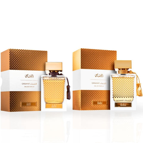 Rasasi Qasamat Ebhar and Bareeq Eau de Parfum spray bundle, 65ml each, featuring elegant perfume bottles with intricate designs.