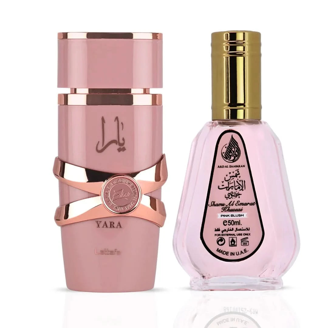 Yara Elixir Eau De Parfum Spray 100ml (3.4 oz) by Lattafa & Pink Blush Shams Al Emarat Khususi Eau de Parfum Spray 50ml (1.7 oz) by Ard Al Zaafaran (Bundle) - Intense Oud