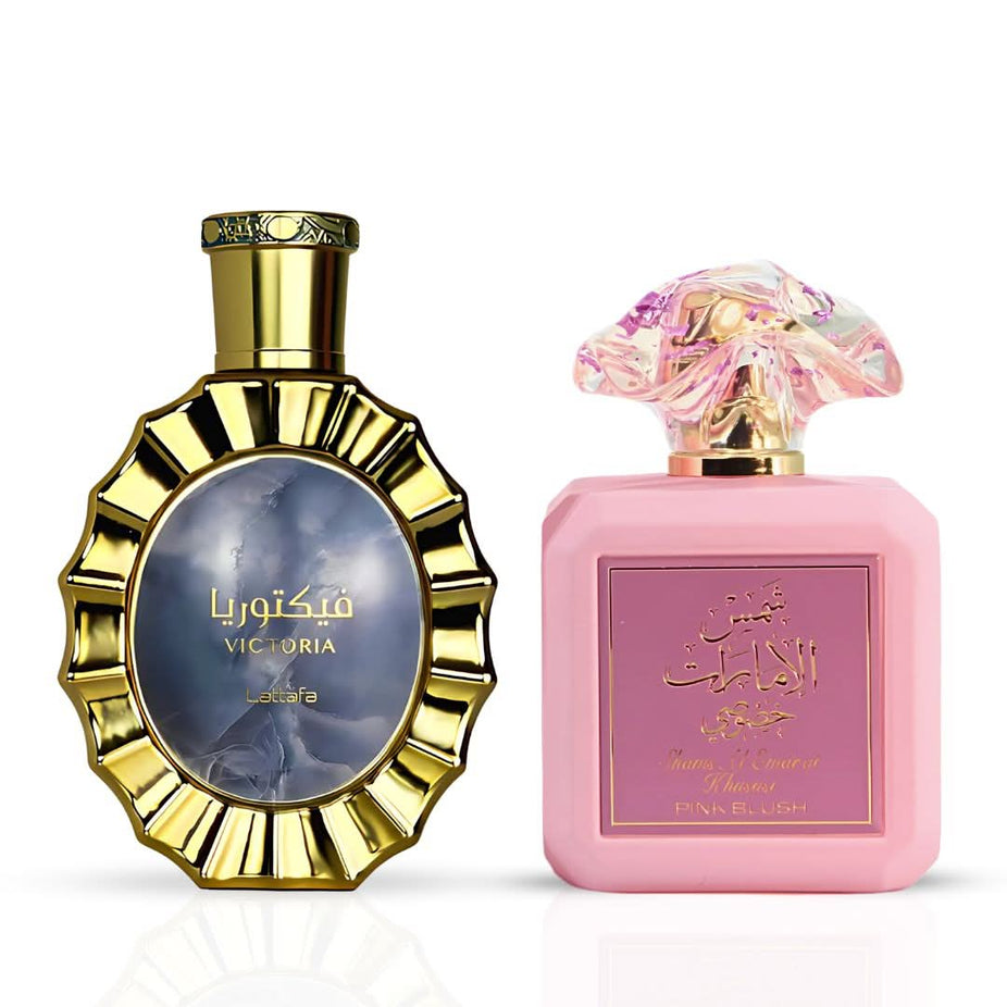 Victoria by Lattafa and Pink Blush by Ard Al Zaafaran Eau De Parfum sprays, 100ml bundle, featuring elegant perfume bottles.
