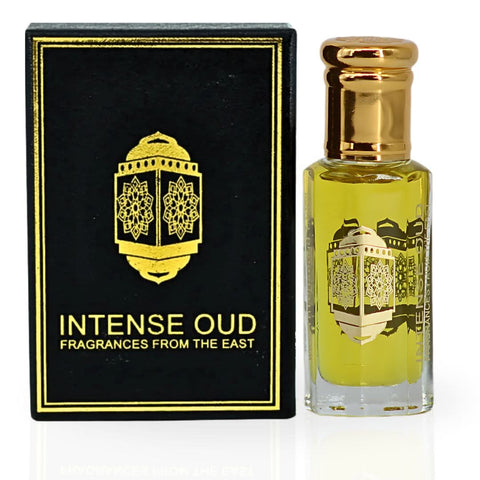 Intense Oud Boss for Men perfume oil in a 12ml bottle with a black gift box, featuring a sleek, dark-colored loose oil container.