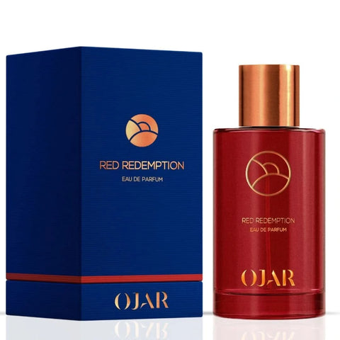 Ojar Red Redemption Eau de Parfum spray 100ml bottle with sleek red design and elegant cap on a white background