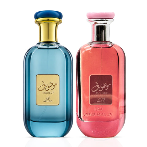Ard Al Zaafaran Mousuf Azure and Mousuf Wardi Eau de Parfum spray bundle, 100ml each, with elegant bottle designs.
