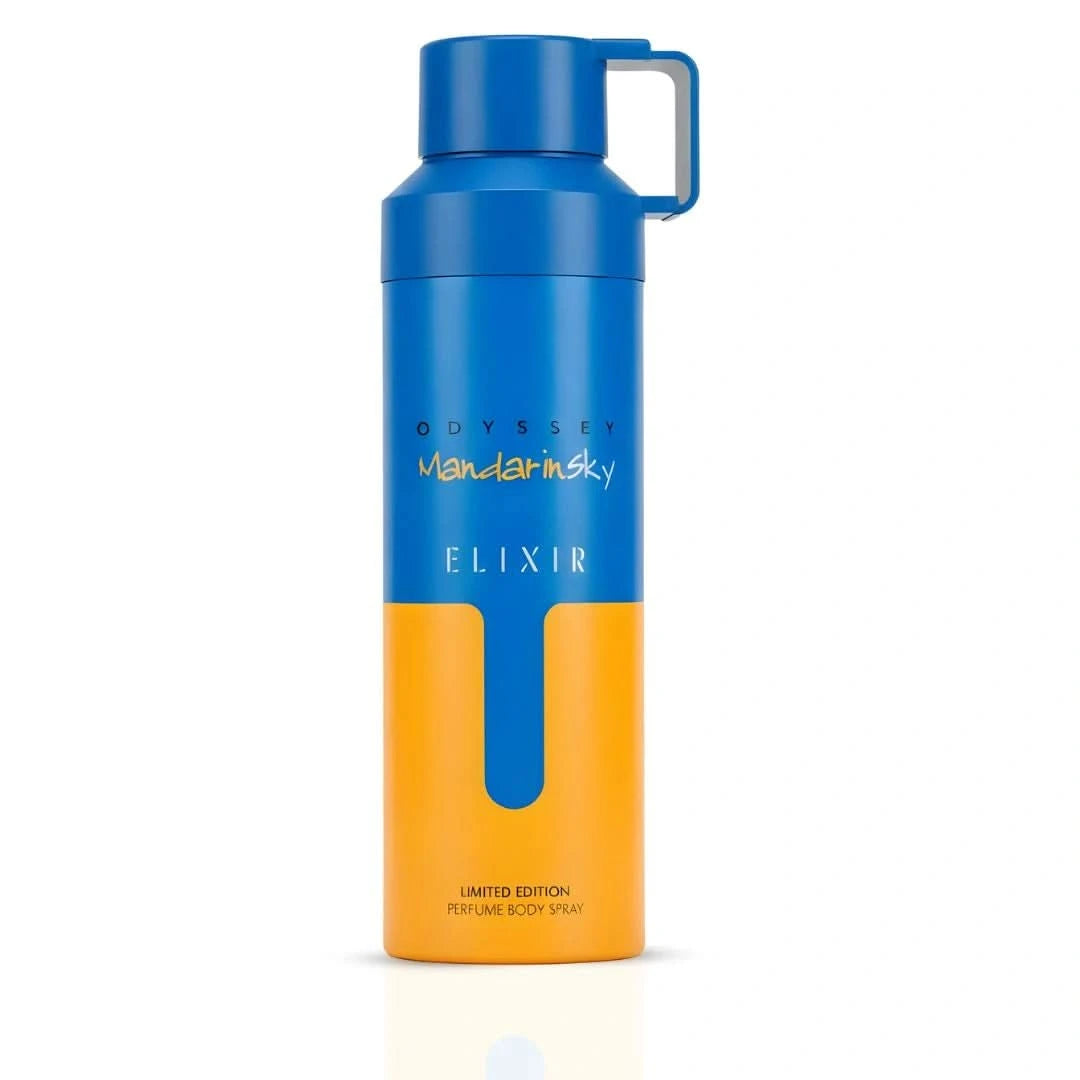 Odyssey Mandarin Sky Elixir deodorant spray by Armaf in a 200ml bottle, featuring a sleek design and citrus fragrance.