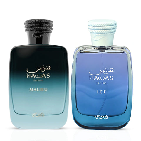 Rasasi Hawas Malibu & Hawas Ice for Men Eau de Parfum bundle, 100ml each, featuring sleek bottles with modern design.