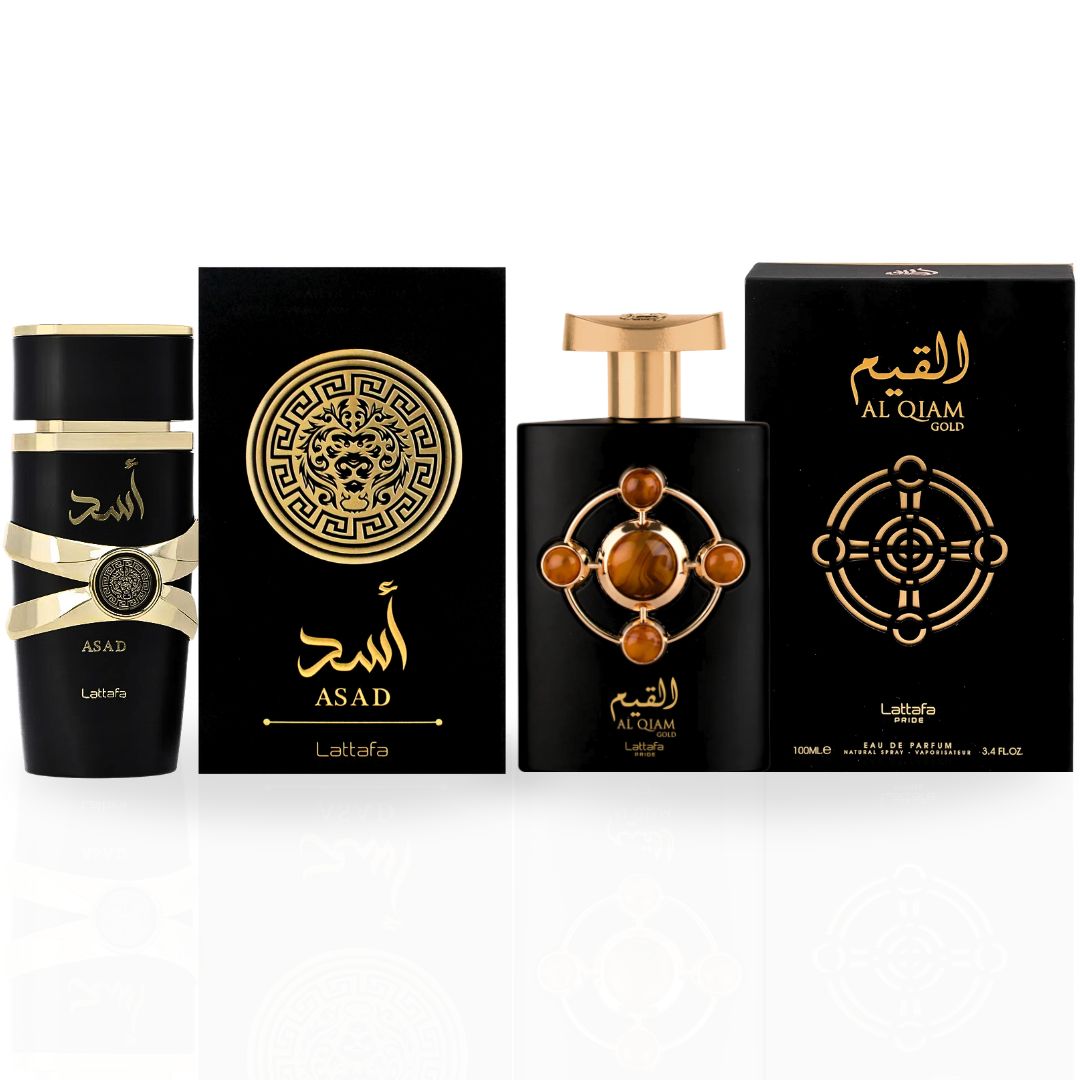Asad & Al Qiam Gold EDP Sprays 100ML (3.4 OZ) By Lattafa | Two Distinct Scents, One Irresistible Appeal. (PIONEER BUNDLE) - Intense Oud