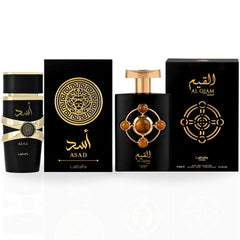 Asad & Al Qiam Gold EDP Sprays 100ML (3.4 OZ) By Lattafa | Two Distinct Scents, One Irresistible Appeal. (PIONEER BUNDLE) - Intense Oud