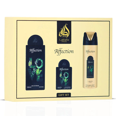 Lattafa Pride Affection 3-Piece Eau de Parfum Gift Set | Nutty Indulgence, Floral Creaminess, Vanilla-Kissed Embrace (Gift Set) - Intense Oud