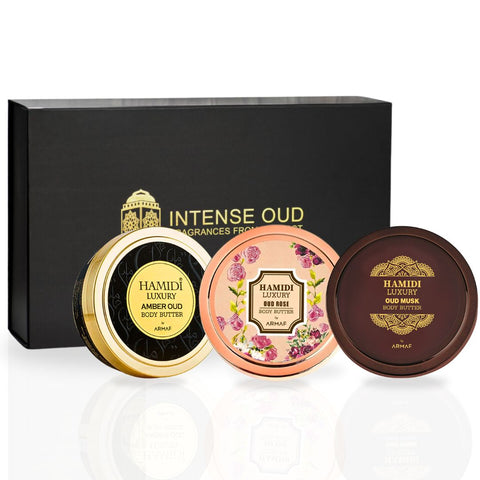 3PCS Luxury Body Butter Trio Gift Set Magnetic Box by Hamidi | Ultra Moisturizing, Skin-Nourishing, Naturally Derived Ingredients. (Pack Of 3) - Intense Oud