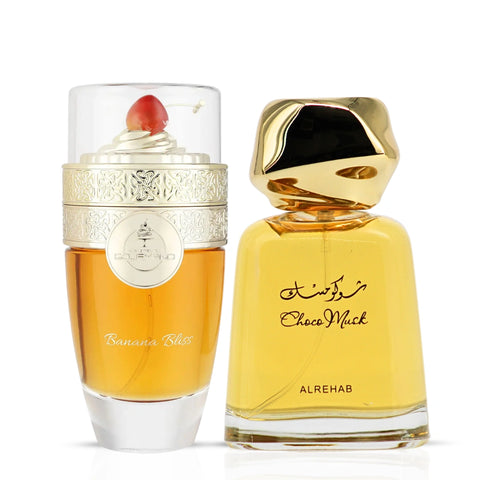 Bundle of Intense Oud Banana Bliss and Choco Musk Eau de Parfum sprays, 100ml each, featuring fruity and chocolate fragrance notes.