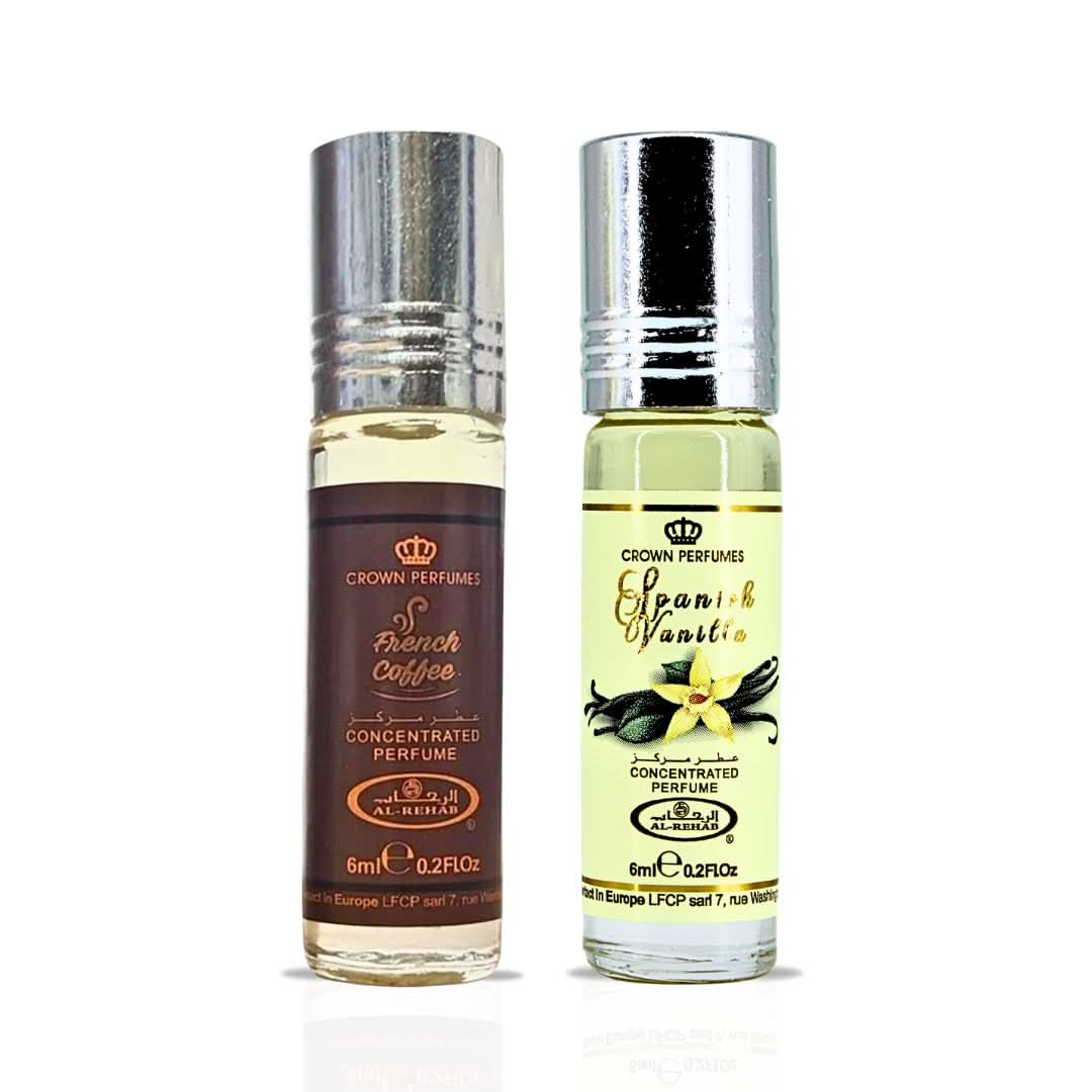 Al Rehab bundle of Spanish Vanilla and French Coffee perfume oils in 6ml bottles, showcasing elegant packaging and branding.