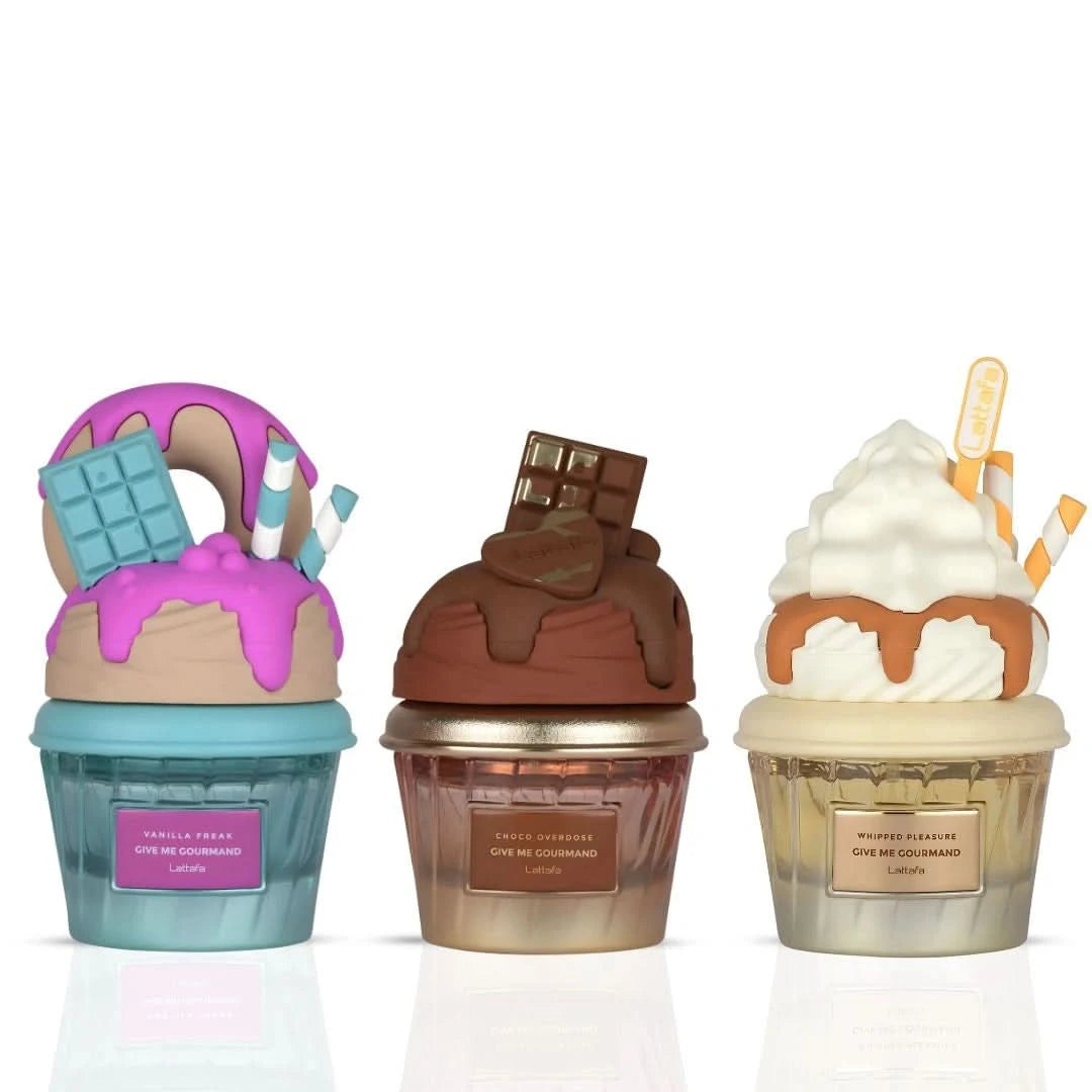 Lattafa Vanilla Freak, Choco Overdose, and Whipped Pleasure Eau de Parfum sprays in a 75ml bundle, featuring colorful fragrance bottles.